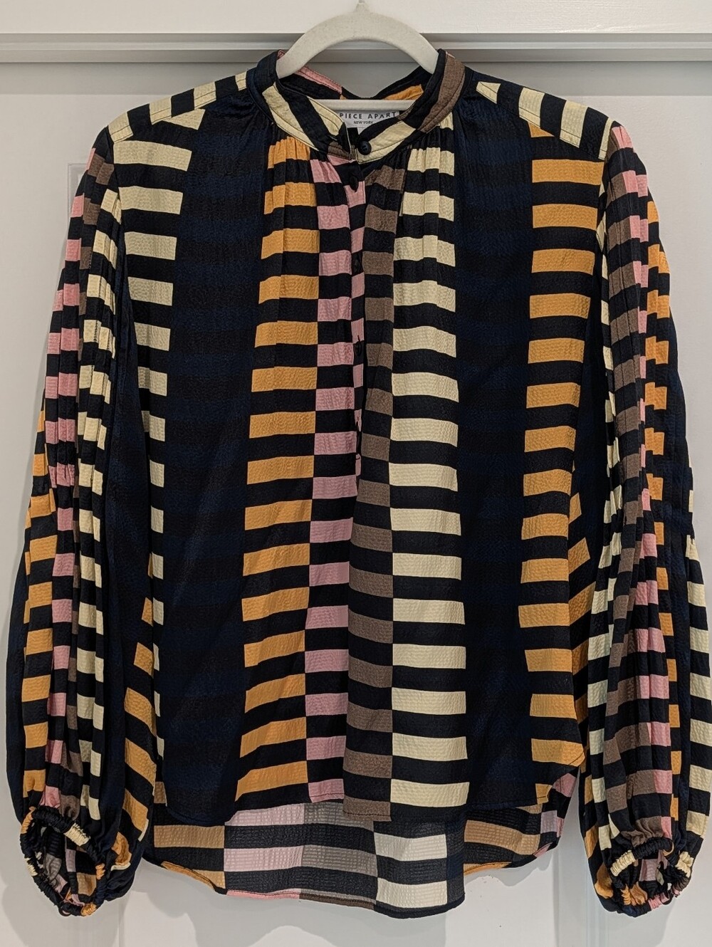 Apiece Apart 100% Silk Multi-Stripe Pleated Sleeve Blouse Half Button Up Size 4
